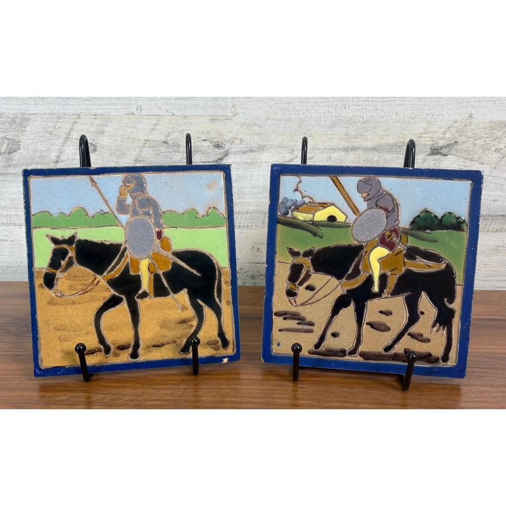 Antique Mensaque Rodriguez Spanish Don Quijote Serie Ceramic Azulejo Tile Lot 2